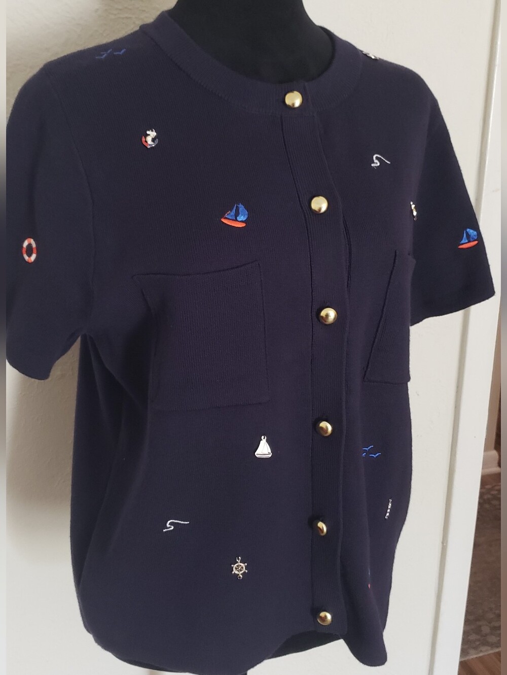 Navy Nautical Embroidered Short Sleeve Cardigan With Nautical  Emblishments